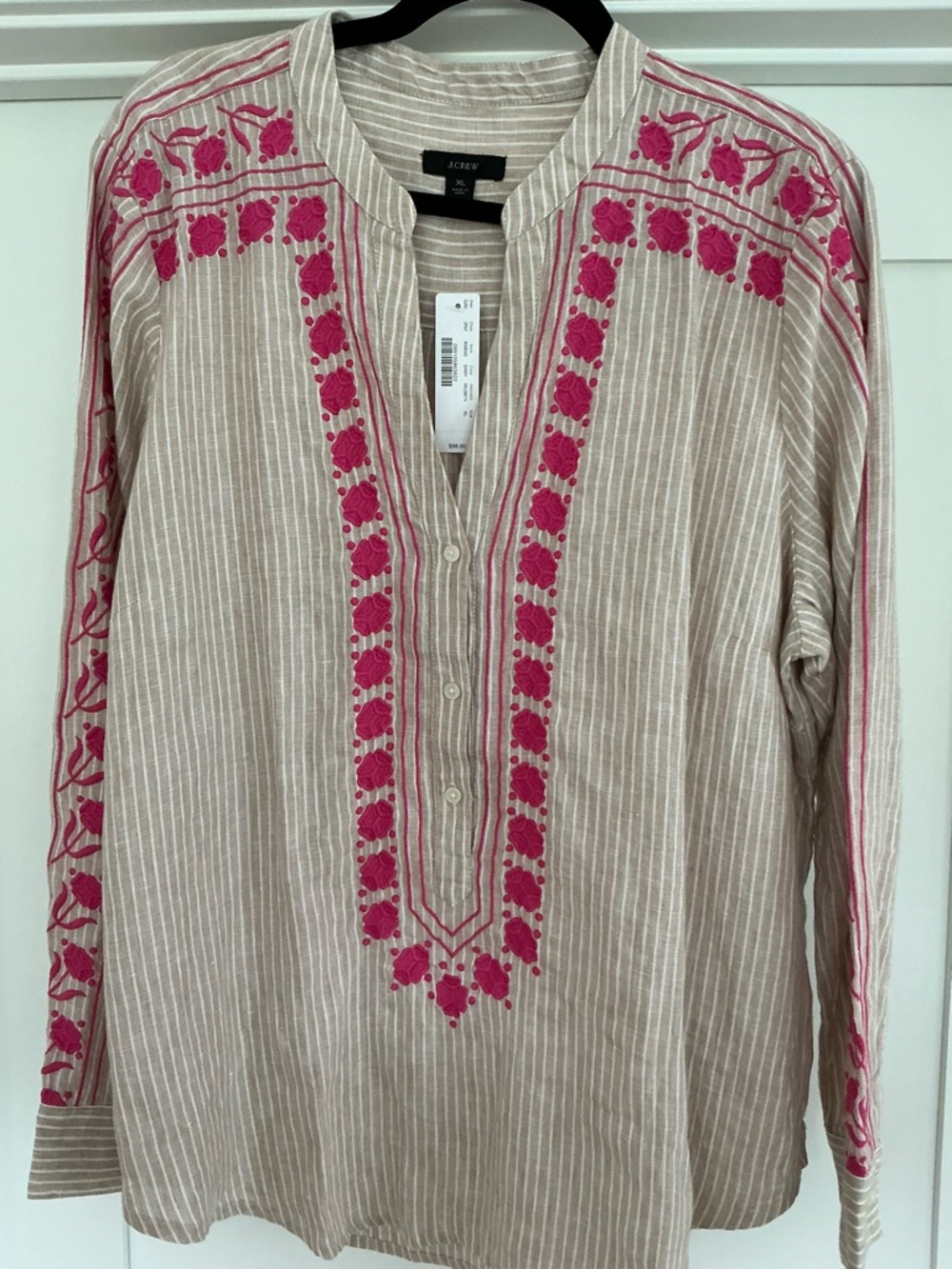 J. Crew Tan and White Striped Linen Tunic with Hot Pink Embroidery - Picture 6 of 10